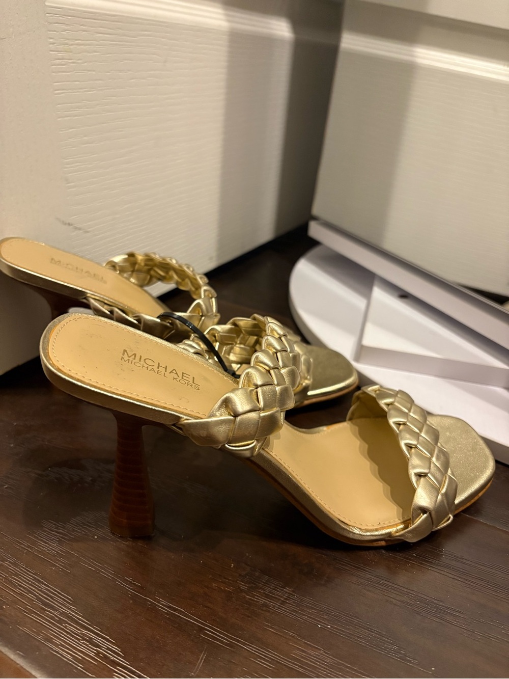 Michael Kors Metallic Gold Braided Strap Heels